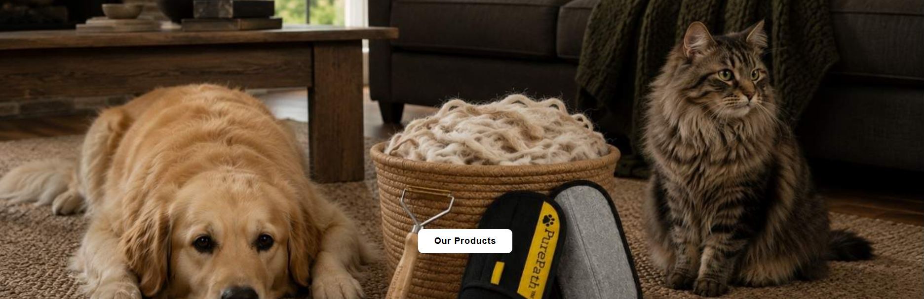 Dog, cat and pet care products in a cozy home